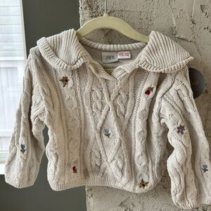 Zara Beige Cable Knit Sweater with Floral Accents